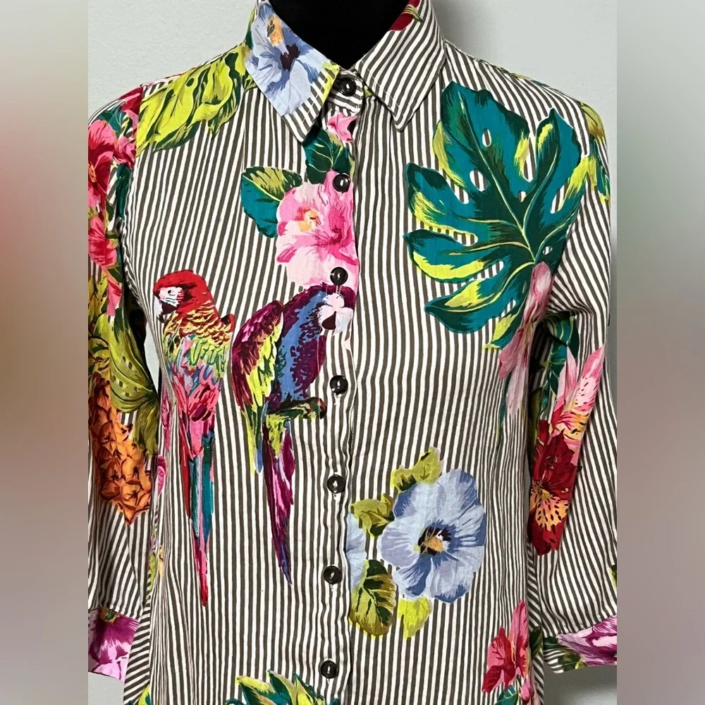 PARSLEY & SAGE 3/4 Sleeve Floral Print Striped High-Low Button Down Silky Top- S - Picture 2 of 6
